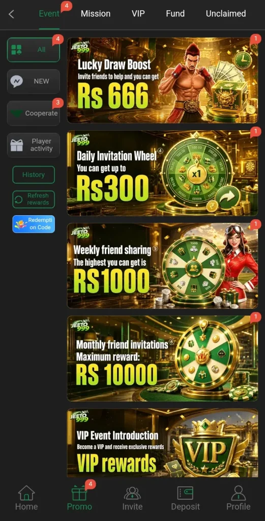 jeeto9999 Game download bonuses interface.